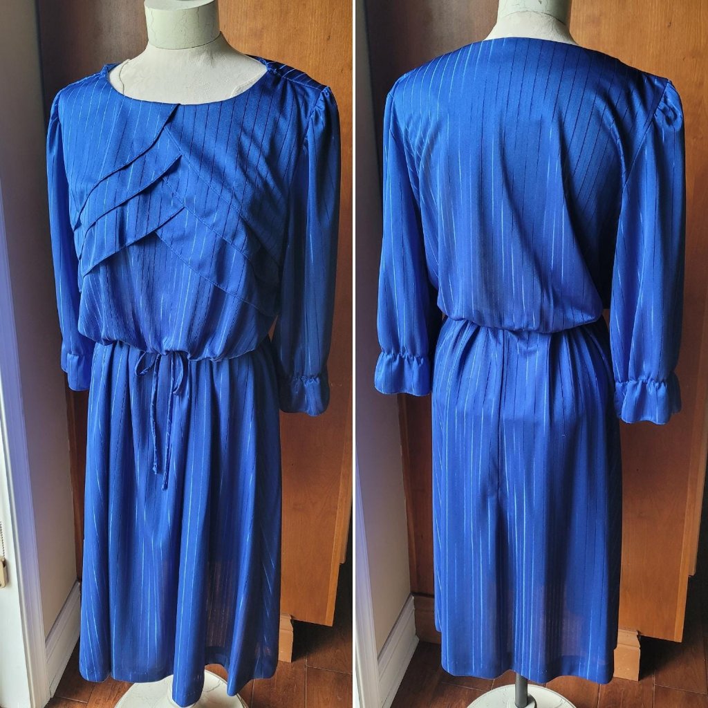 Vintage 80s Layered Front Blue Satin Striped Print 3/4 Sleeve Midi Dress Ruffle